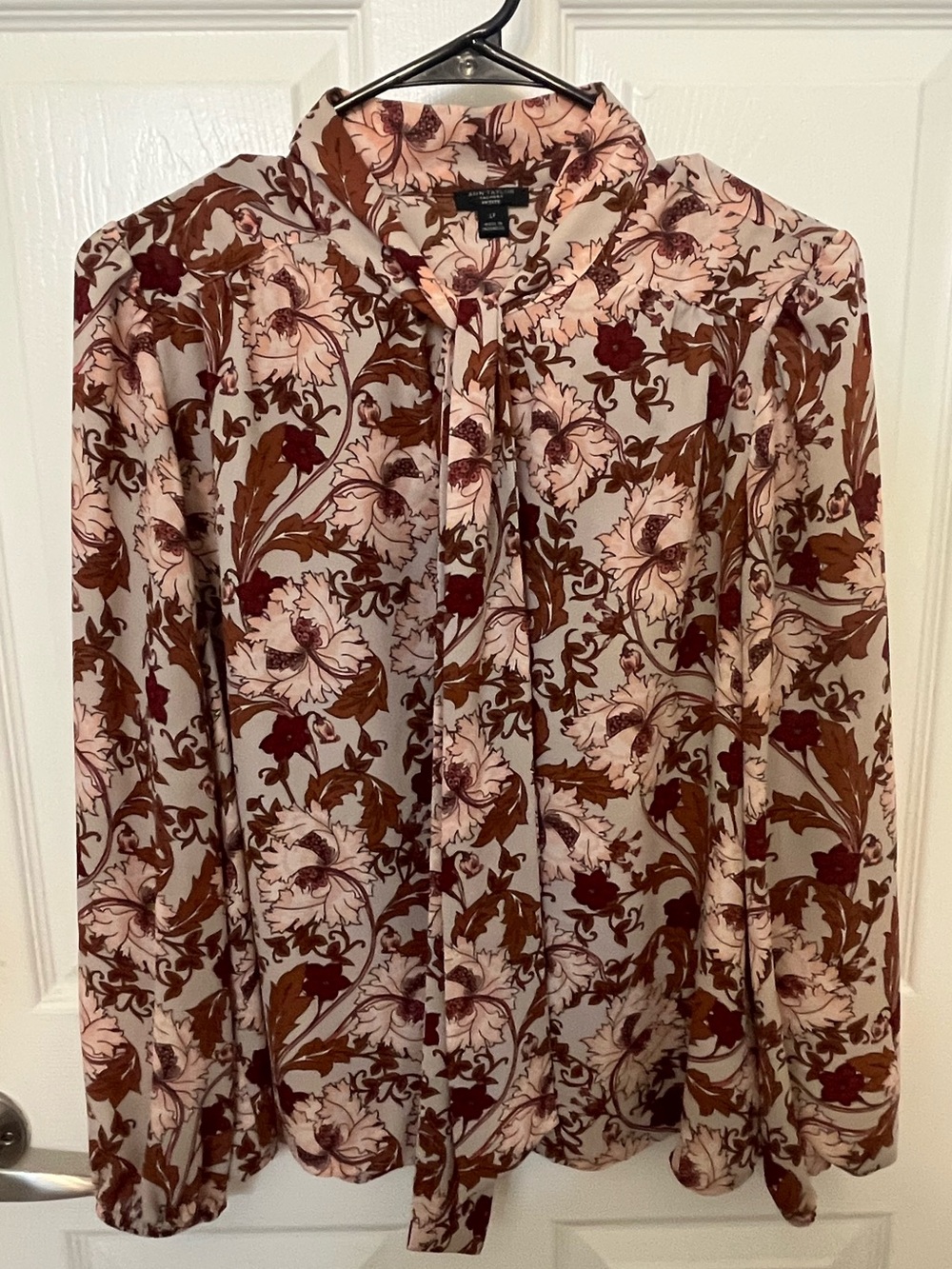 Ann Taylor Floral Tie-Neck Blouse in Cream, Brown & Burgundy